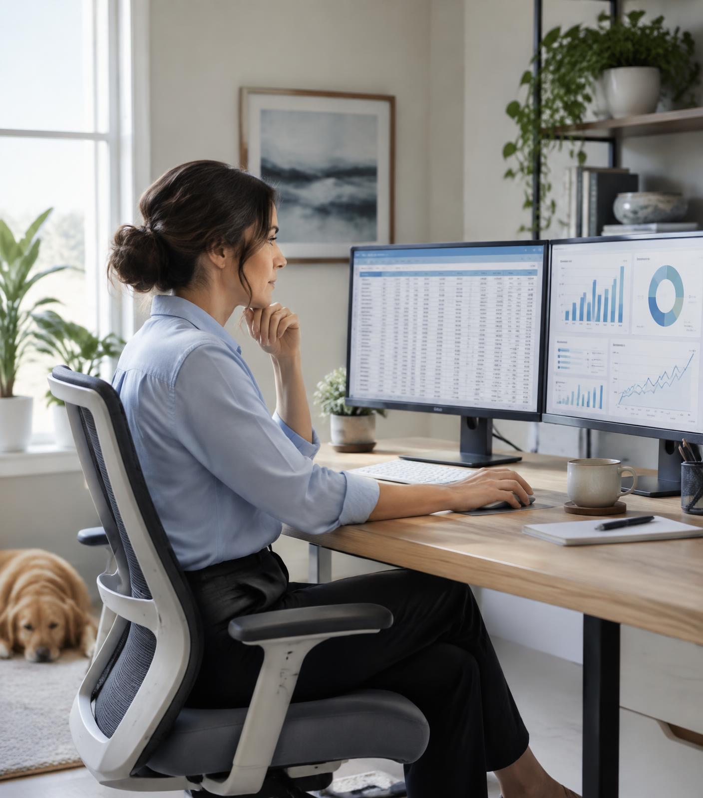 Remote finance professional reviewing reporting dashboards